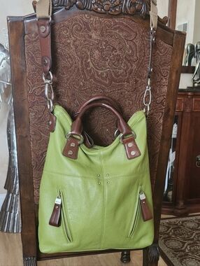 B. MAKOWSKY Green Leather Tote Bag with Brown Trim - Women